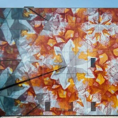 Decorative digital printed glass facade with abstract design UK
