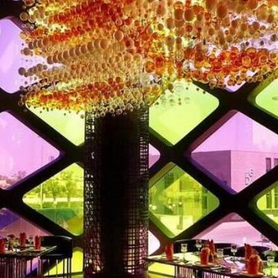 Coloured laminated Vanceva glass installation in artistic building UK